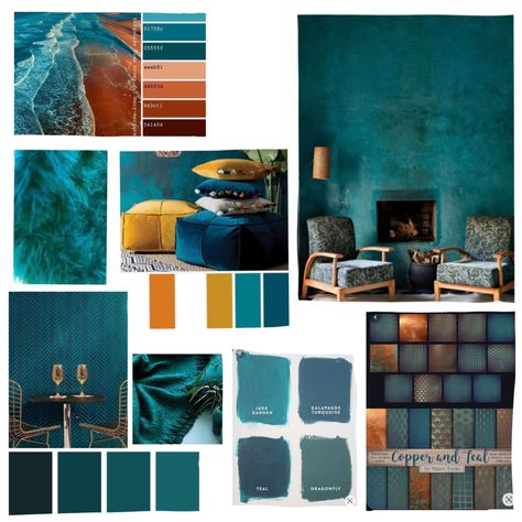 Teal And Gold Interior, Teal Colour Palette Bedroom, Teal Copper Living Room, Teal Living Room Color Scheme, Teal And Gold Living Room, Teal And Copper Bedroom, Teal And Gold Bedroom, Aqua Living Room, Copper Bedroom