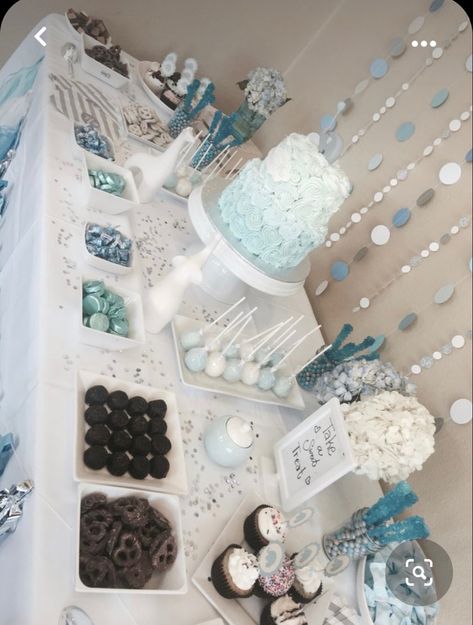 White And Grey Birthday Decorations, White And Blue Dessert Table, White And Blue Theme Party, Baby Shower Boy Dessert Table, Blue Finger Foods, White And Blue Birthday Theme, Something Blue Baby Shower Ideas, Penguin Theme Baby Shower Ideas, Baby Shower Sweets Table Boy