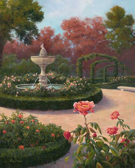 French Garden Painting, Rose Garden Drawing Art, Rose Garden Drawing, Rose Garden Aesthetic, Retiro Park Madrid, Rose Garden Art, Gestures Of Love, Park Drawing, Retiro Park