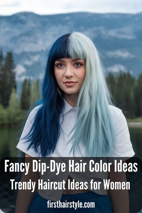 Fancy Dip-Dye Hairstyles to Try This Season Blonde With Dyed Tips, White To Blue Hair, Blue Money Piece Hair, Chic Hair Color, Dye Hairstyles, Oil Slick Hair Color, Dyed Tips, Dip Dye Hair, Chic Hair