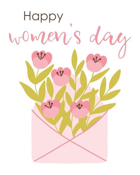 Postcard Happy Womens Day. Vector illustration. Flat hand drawn style. Spring card with envelope and flowers. Cute poster for Womens Day. Happy Women's Day Card, Happy Womens, Happy Woman Day, Illustration Flat, Flowers Cute, Good Day Quotes, Card Drawing, Spring Cards, Cute Poster