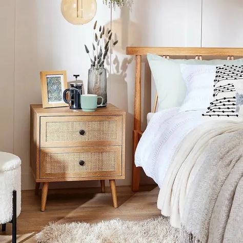 Homebase Kubu Rattan 2 Drawer Bedside Table Mid Tone Wood | Google Shopping Cane Bedside Tables, Boho Bedside Table, Small Bedside Table Lamps, Stylish Bedroom Ideas, Bedside Table Styling, Rattan Bedroom, Art Decor Ideas, 1920s Bungalow, Bedside Table Decor