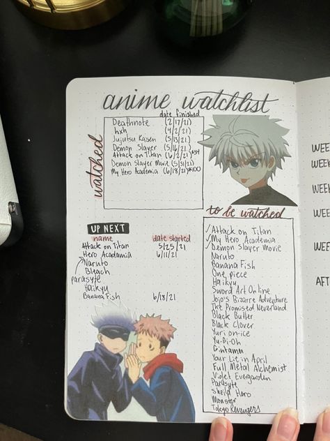 The original watchlist filled up pretty quick 😅 Anime Watchlist Journal, Anime List Journal, Watchlist Journal, Manga Journal, Anime Watchlist, Bullet Journal Lists, Bullet Journal Page, Movie Ideas, Bullet Journal Cover Ideas