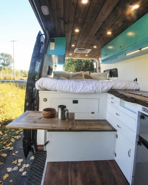 Freedom Vans on Instagram: “All the cozy fall vibes in “The Blue Lagoon”! The installed Lagun modular table is perfect for expanding some working space in the main…” Blue Van Interior, Can Conversion, Cozy Fall Vibes, Modular Table, Bus Living, Kombi Home, Bellingham Washington, Van Conversion Interior, The Blue Lagoon