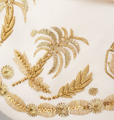 Golden Embroidery, Palm Embroidery, Palm Embroidery Pattern, Shell Embroidery Design, Summer Embroidery, Schiaparelli Embroidery, Festive Gold Embroidered Fabric With Pearl Details, Elegant Gold Embroidered Fabric With Pearl Details, Zardozi Embroidery