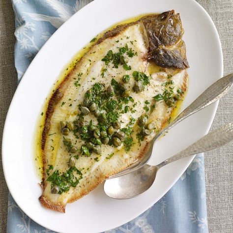 Grilled whole sole with lemon and caper butter recipe - Woman And Home Lemon Sole Recipes, Caper Butter, Sole Recipes, Whole Fish Recipes, Butter Fish, Sole Fish, Grilled Fish Recipes, Grilling Recipes Sides, Healthy Grilling Recipes