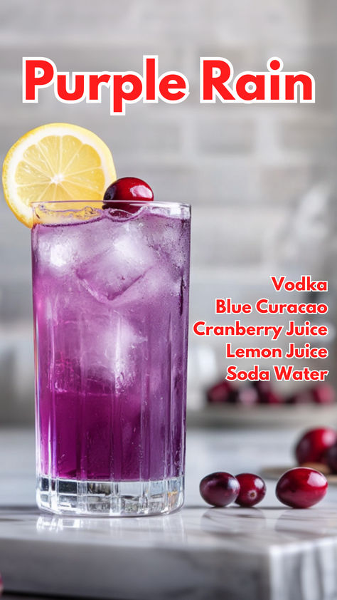 Purple Rain Cocktails Using Vodka, Cocktails With Blue Curacao, Purple Rain Cocktail, Rain Cocktail, Cranberry Cocktails, Lemon Margarita, Lemon Martini, Vodka Blue, Vodka Cocktails Easy