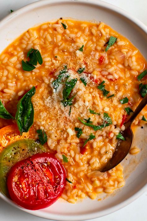 Tomato Risotto Recipe - NYT Cooking Tomato Risotto Recipes, Filet Mignon Chorizo, Tomato Rice Soup, Tomato Risotto, Vegetarian Main Course, Tomato Rice, Risotto Recipe, Meat Dinners, Nyt Cooking