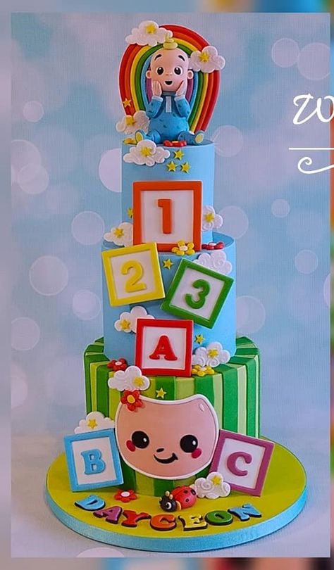 Cocomelon Two Tier Cake, Cocomelon 2 Tier Cake Design, Coco Melon Cake Ideas, Cocomelon Cake Design, Cocomelon Cake Ideas, Cocomelon Party Ideas For Boy, Coco Melon Cake, Cocomelon Theme Cake, Cocomelon Birthday Cake