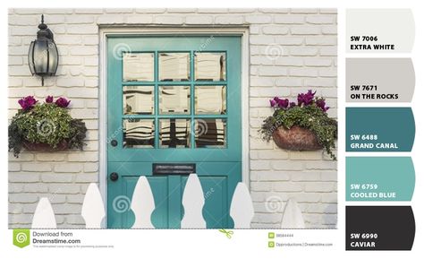 Sherwin Williams "Cooled Blue-SW6759" for interior doors & "Grand Canal-SW6488" for front door Cooled Blue Sherwin Williams, Sw Grand Canal Paint, Front Porch Inspiration, Paint Board, Paint House, House Colours, Front Door Paint Colors, Door Paint Colors, House Color Palettes