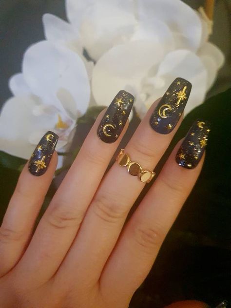 Nail Polish Ideas Easy, Gell Nails, Star Nail Designs, Nail Design Glitter, 2022 Nails, Nails With Gold, Tips Nails, Witch Nails, Brown Nails Design