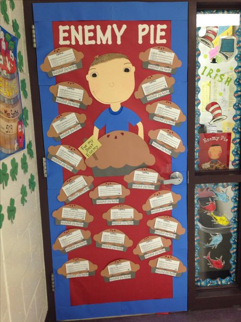 Enemy pie! Read across America week! Character Conflict Anchor Chart, Character Ed Bulletin Board Ideas, Enemy Pie Activities Kindergarten, Enemy Pie Activities Free, Monthly Character Traits Bulletin Boards, Enemy Pie Activities, Pie Activities, Enemy Pie, Books About Kindness