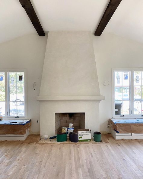 Carol Estes on Instagram: “This project is finally wrapping up! And everyone is loving the @portolapaints Roman Clay finish on this fireplace. The sub who applied it…” Roman Clay Paint, Mediterranean Fireplace, Roman Clay, Diy Built In, Stucco Fireplace, Jenna Sue Design, Built In Electric Fireplace, Jenna Sue, Build A Fireplace