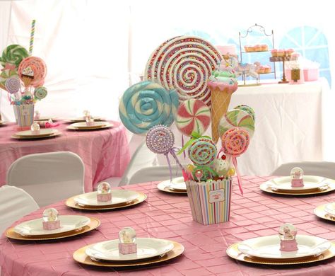 Cake Pops, Cupcakes Candy Theme Centerpieces Diy, May Birthday Cake Ideas, Sweet One Birthday Centerpieces, Pastel Circus Theme Party, Candy Baby Shower Theme, Candy Land Baby Shower Theme, Candyland Baby Shower Theme, Pastel Carnival Theme Party, Pastel Circus Party