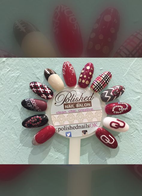 Oklahoma Sooners Nails, Ou Nails Boomer Sooner Nailart, Ou Nails Boomer Sooner, Boomer Sooner Svg, Oklahoma Sooners Softball, Ou Sooners Football, Collage Football, Football Nails, Finger Paints