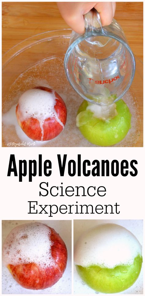 These apple volcanoes combine the classic baking soda and vinegar reaction to… Kitchen Disco, Science Experience, Volcano Experiment, Fall Science, Science Experiment For Kids, Baking Soda And Vinegar, Experiment For Kids, Apple Preschool, Apple Activities