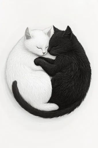 ↑↑↑ Larger size on website 🔸 A black cat and a white cat are curled up together, their tails intertwined, forming a yin-yang symb Cat Yin Yang, Cats Black And White, Cats Black, The Black Cat, Two Cats, A Black Cat, Eyes Closed, White Cats, White Cat