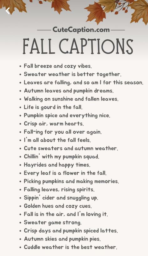 Crisp Air Quotes Fall, Fall Quotes And Sayings Instagram, Fall Quotes Couples, Autumn Motivational Quotes, Fall Ig Captions, Autumn Leaves Quotes, November Captions, Fall Quotes Aesthetic, Fall Phrases