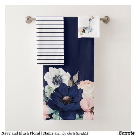 Navy and Blush Floral | Name and Monogram Bath Tow Bath Towel Set Yellow Bath Towels, Blue Moroccan Tile, Restroom Remodel, Navy Bathroom, Monogrammed Bath Towels, Moroccan Tiles Pattern, Navy And Blush, Patterned Bath Towels, Grey Flowers