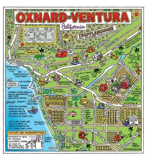 Fun illustrative map of Oxnard and Ventura from Fun Maps USA. Ventura County California, Oxnard California, Cartoon Map, Ventura California, San Fernando Valley, California Map, Ventura County, California Love, California Dreamin'