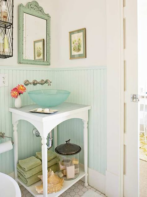 Small and Sweet Glass Basin, Salvaged Furniture, Diy Bathroom Vanity, Vanity Design, Bathroom Redo, Bath Ideas, Wainscoting, Modern Room, Small Bathroom Remodel