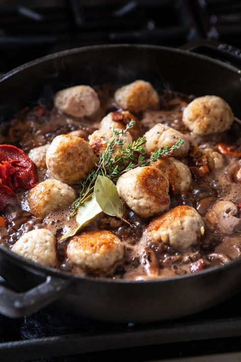 30 Minute Coq au Vin Chicken Meatballs with browned Butter Mashed Potatoes | halfbakedharvest.com #meatballs #easyrecipe #dinner Half Baked Harvest Coq Au Vin Meatballs, Coq Au Vin Meatballs Half Baked Harvest, Coq Au Vin Meatballs, Meatballs With Mashed Potatoes, Butter Mashed Potatoes, Pocket Kitchen, Chicken Mashed Potatoes, Classic French Dishes, With Mashed Potatoes