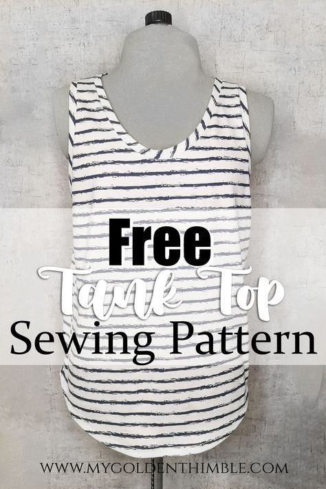 white and black strips tank top sewing pattern on a mannequin Women's Tank Top Pattern Free Sewing, How To Sew A Tank Top Free Pattern, Easy Tank Top Sewing Pattern Free, Easy Tank Top Sewing Pattern, How To Sew A Tank Top, Free Tank Top Pattern Sewing, Free Shirt Patterns For Women, Tank Top Pattern Sewing, Tank Top Sewing Pattern Free