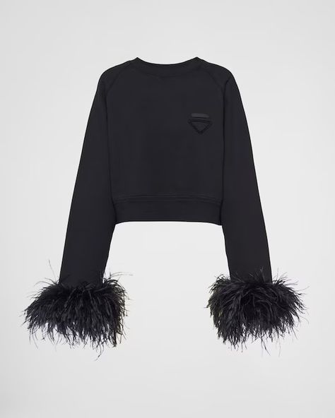 Ready To Wear Collection for Women | PRADA Prada Dress, Feather Trim, Airport Fashion, Mens Lifestyle, Women Essentials, Luxury Outfits, Black Cotton, Sweater Outfits, Sweat Shirt