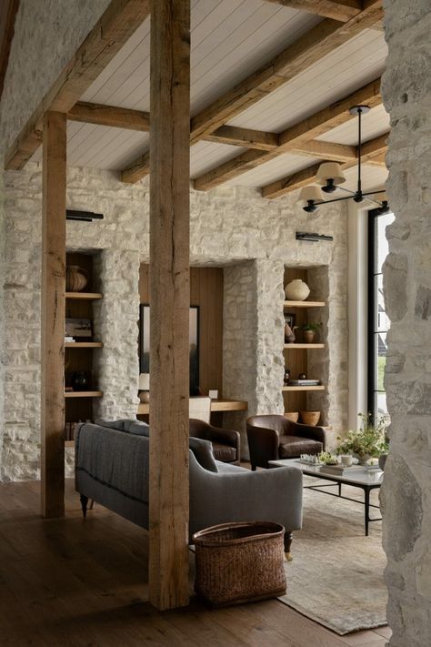 How To Mix Wood Tones In Your Home - Studio McGee Ancient Living Room, The Mcgee Home, Mcgee Home, Timber Beams, Hearth Room, Modern Elements, Stone Walls, Studio Mcgee, Built In Desk