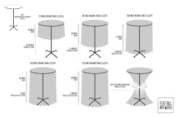 30 Inch Round Hightop Table Linen Sizing Guide Tablecloth Sizes Round Tables, High Top Table Cloth Ideas, High Top Table Centerpieces, Wedding Cocktail Table Decor High Tops, Table Cloth Size Chart, High Top Table Decor, High Top Table Kitchen, Cocktail Table Decor, Outdoor Patio Bar Sets