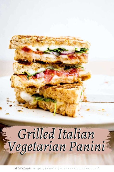 Vegetarian Grilled Panini stacked and sliced Provolone Cheese Recipes, Vegetarian Panini, Sandwich Recipes Panini, Toasted Sandwich Recipes, Best Egg Salad Recipe, Vegan Sandwich Recipes, Pesto Sandwich, Panini Recipes, Panini Sandwiches