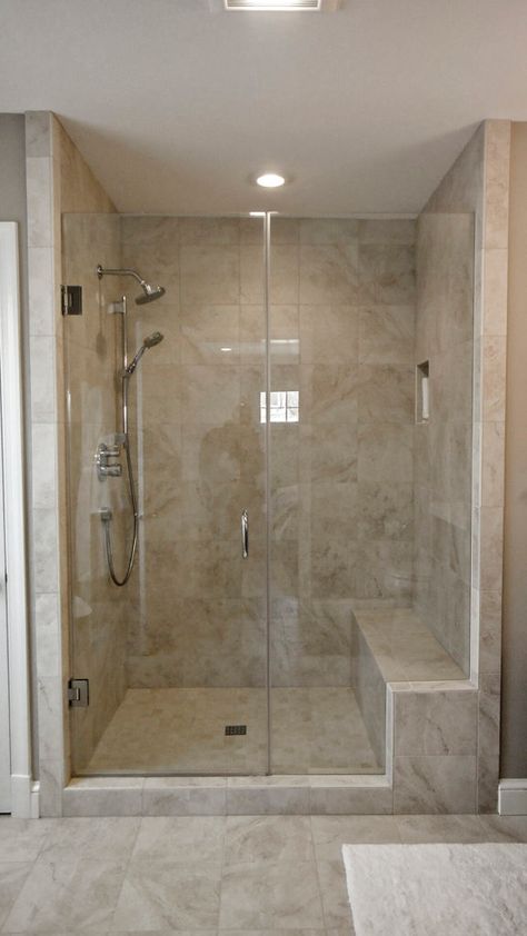 Tile Shower With Seat, Shower With Seat Walk In, Shower With Half Wall And Glass Door, Half Glass Shower Wall, Showers With Seats, Walk In Shower With Half Wall, Bath To Shower Conversion, Marble Tile Shower, Shower With Seat