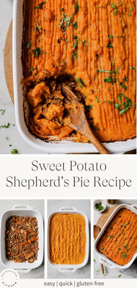 This Sweet Potato Shepherd’s Pie is a healthy spin on a classic recipe. It features hearty ground beef, fresh veggies, and a savory tomato sauce, all topped with mashed sweet potatoes. It’s the ultimate comfort food that's ready in no time! Savory Sweet Potato Recipes, Sweet Potato Dinner, Sweet Potato Toppings, Gluten Free Kitchen, Potato Dinner, Yummy Sweet Potatoes, Shepherds Pie Recipe, Fall Recipes Healthy, Winter Dinner Recipes