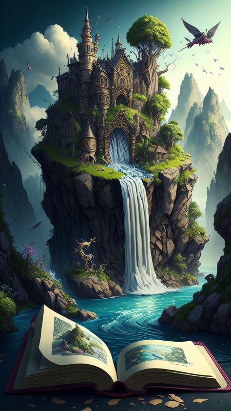 Dream Art Surrealism Fantasy Imagination, Landscape Fairytale, Fantasy Art Landscape, Dream Scenery, Fairytale Artwork, Fantasy Realism, Fantasy Waterfall, Storybook Design, Fantasy Landscape Art