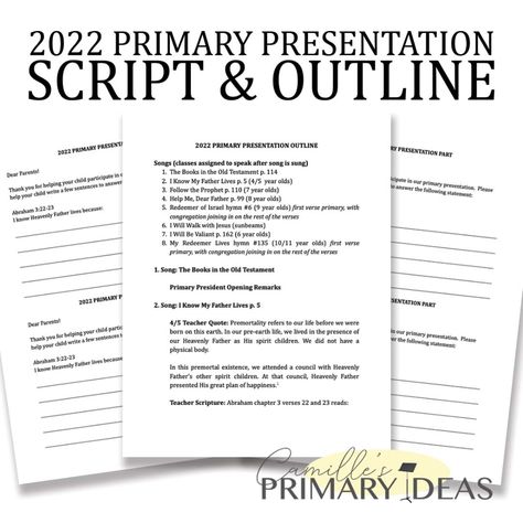 Camille's Primary Ideas: help for writing a primary sacrament meeting presentation script, Old Testament 2022 primary program outline with parts, how to write a script Script Outline, Lds Primary Presidency, Primary Secretary, Lds Crafts, Singing Time Ideas, Monkey Cookies, Programming Quote, Primary Presidency, Primary Program