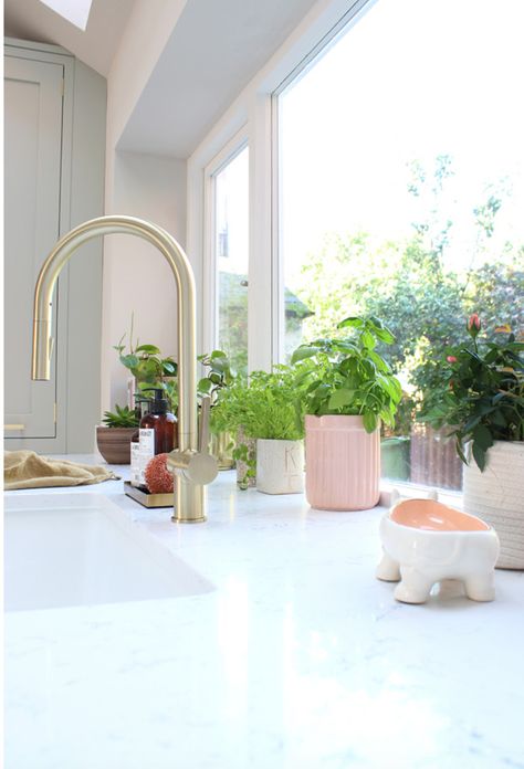 Pink Gold Kitchen, Pink And Gold Kitchen, Kitchen Window Sill Ideas, Stone Window Sill, Gold Sink, Kitchenette Ideas, Independent Girl, Sage Kitchen, Dreamy Kitchens