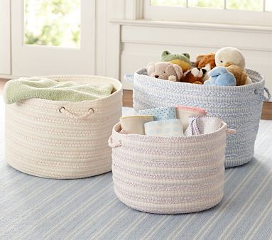 Round Woven Storage Pottery Barn Kids Nursery, Nursery Storage Baskets, Contemporary Baskets, Room Storage Diy, Dream Nurseries, Woven Baskets Storage, Ikea Storage, Nursery Storage, Laundry Room Storage