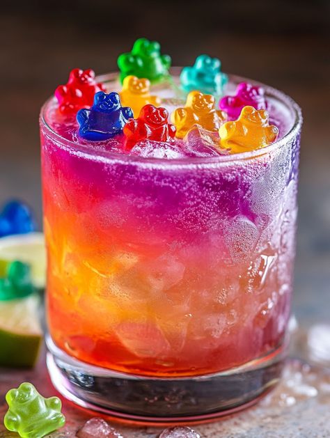 Gummy Bear Glow 🧸  𝗜𝗻𝗴𝗿𝗲𝗱𝗶𝗲𝗻𝘁𝘀 🧸 2 oz raspberry vodka 1 oz gummy bear syrup 1 oz lime juice 1 oz club soda Edible gummy bears for garnish Rainbow frosting 🧸🧸 Vodka Gummies, Steak With Garlic Butter, Rainbow Frosting, Sweet Onions, Raspberry Vodka, Club Soda, Grilled Steak, Gummy Bear, Sweet Onion