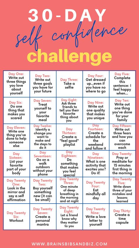 The first step to improving yourself is identifying what needs to be improved, right?! Are you in? Join in the 30 day self confidence challenge. Being stuck in a slump of not feeling confident or feeling imposter syndrome? Here are practical, realistic ways for self confidence building using a challenge. You CAN learn how to be more confident in yourself confidence quotes for women | how to be confident | confidence aesthetic #affirmations #motivation #selfhelp #gainconfidence @BrainsBibsBiz Self Confidence Challenge, Confidence Challenge, Improve Self Confidence, 30 Day Challenges, Building Self Confidence, Self Care Bullet Journal, Vie Motivation, Pose Yoga, Self Confidence Tips