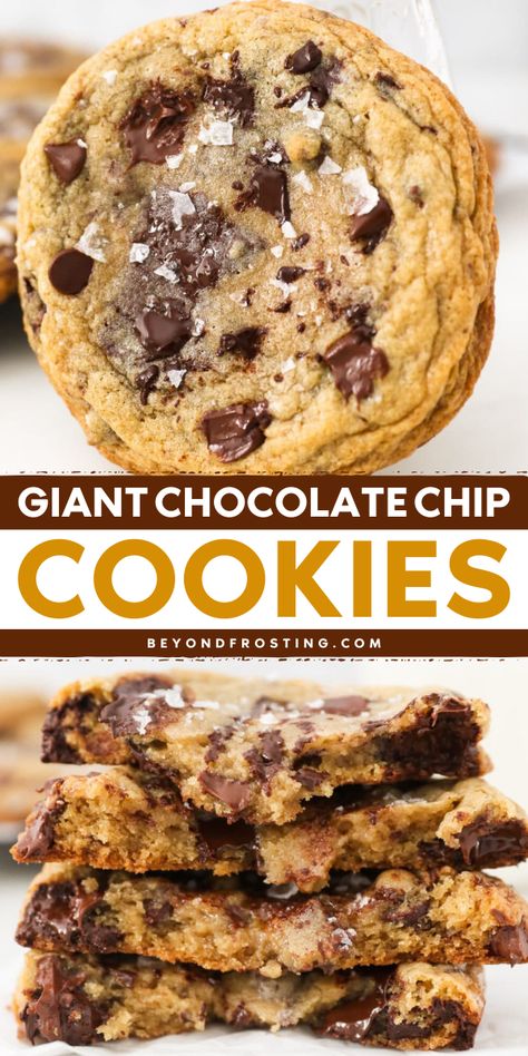 An easy back to school recipe for large cookies! Thick and chewy with gooey centers and crispy, buttery edges, these bakery-style Giant Chocolate Chip Cookies are the BEST. Great as a fun after-school snack! Thick Cookie Recipes, Giant Chocolate Chip Cookies, Large Cookies, Cookie Recipes Chewy, Gooey Chocolate Chip Cookies, Giant Chocolate Chip Cookie, Best Chocolate Desserts, Giant Chocolate, Frozen Cookies