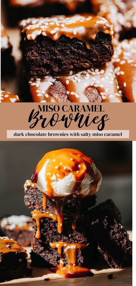 Salted Caramel Brownies Recipe, Miso Brownies, Salt Caramel Brownies, Caramel Filled Brownies, Brownie Salted Caramel, Salted Caramel Brownie Recipe, Miso Caramel, Fudgy Chocolate Brownies, Brownie Sundae