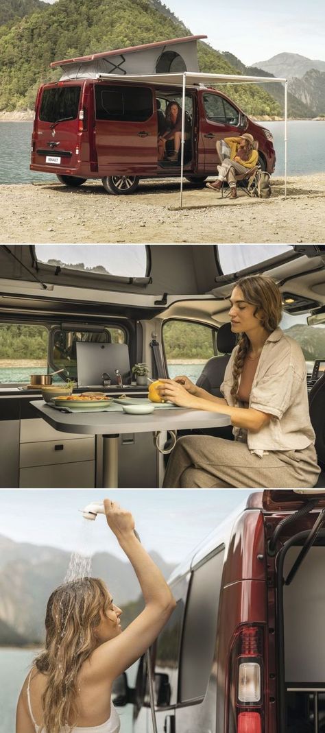 The camper van is perfectly suited for a family of up to five people, perhaps because it comes in two configurations. Both versions come with a pop-up roof mutating into a tent and incorporate beds within. Apart from this, there is a rear bench inside the van that can double as a bed to accommodate extra people. Rv Adventure, Van Home, Full Kitchen, Rv Living, Camper Trailers, Open Road, Camper Van, Travel Trailer, Motorhome