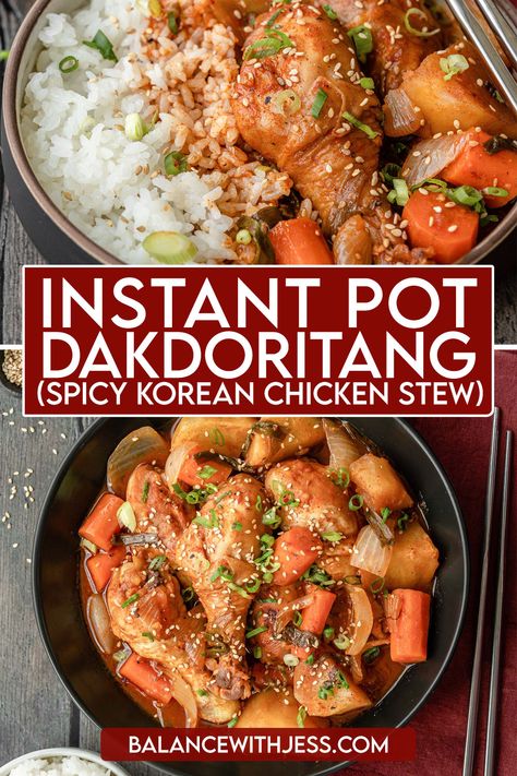 This homemade Instant Pot Dak Dori Tang is the perfect meal to make for dinner! Chicken drumsticks are cooked in a sweet and spicy marinade with onion, potatoes, and carrots. This classic Korean soup is cozy, delicious, and easy! Dairy free, 35 minutes. Dakdoritang Instant Pot, Korean Chicken Instant Pot, Dak Dori Tang, Korean Instapot Recipes, Instapot Drumsticks Recipe, Korean Spicy Chicken Stew, Instapot Chicken Drumsticks Recipes, Korean Instant Pot Recipes, Instant Pot Korean Recipes