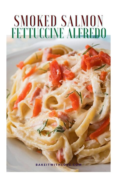 This richly flavorful Smoked Salmon Fettuccine Alfredo is a shining example of simple ingredients combining to make extraordinary dishes! All of the basics are here for an outstanding fettuccine alfredo, but the smoked salmon takes the depth of flavor to new levels! Truly the easiest of meals to take from a comfort food family favorite to a "Wow!" meal! BakeItWithLove.com Alfredo Salmon, Salmon Fettuccine, Salmon Alfredo, Best Alfredo, Best Smoked Salmon, Smoked Salmon Pasta, Fettuccine Recipes, Alfredo Bake, Pasta Recipes Alfredo