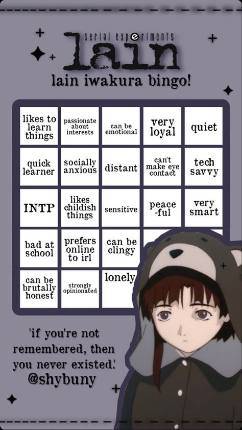 Lain Iwakura Kinnie Bingo, Every Kin List Got The, Lain Kinnie Bingo, Character Kinnie Bingo, Lain Kinnie, Kin List Template, Character Bingo, Kin Bingo, Kinnie List