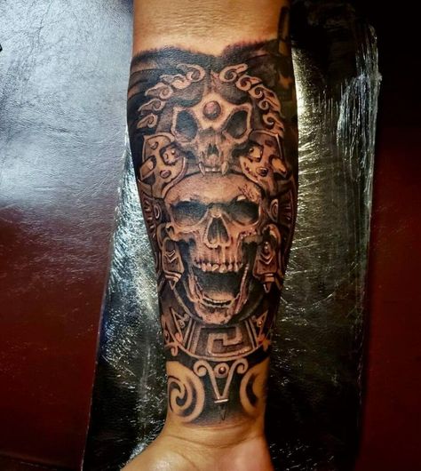 Aztec Forearm Tattoo, Aztec Warrior Tattoo Men, Aztec Skull Tattoo, Aztec Eye, Back Tattoos For Guys Upper, Aztec Warrior Tattoo, Aztec Skull, Herren Hand Tattoos, Outer Forearm Tattoo