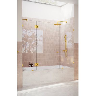 The Stellar is a beautiful, three-panel, glass-hinged bathtub shower enclosure that adds openness and an element of elegance and luxury to your bathroom. Each frameless 3/8” tempered glass panel comes in a standard 58.25” height with the door positioned in the center to allow easy access into the bathtub, leaving plenty of room for wall accessories. Glass is treated on both sides with EnduroShield coating, which aids in repelling water and soap residue, allowing the panels to be fully reversible Arched Glass Tub Door, Frosted Tub Doors, Brass Tub Door, Bathtub With Door, Bathtub Glass Door Ideas, Glass Door Bathtub, Bathtub Shower Combo Remodel, Bathtub Glass Door, Tub Glass Door