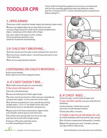 Worksheets: Toddler CPR Steps Print this and keep it somewhere you can get to. Toddler Cpr, How To Perform Cpr, Infant Cpr, First Aid Cpr, First Aid Tips, Childhood Health, Cpr Training, Emergency Preparedness Kit, Sick Baby