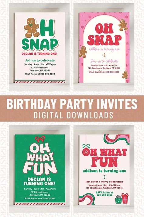 birthday party theme ideas with a christmas holiday party theme | Digital download templates | Oh Snap Gingerbread Theme | Oh What Fun Christmas Present Party Invite Ideas, Oh What Fun Christmas, Gingerbread Theme, Winter Invitations, Oh What Fun, Oh Snap, Best Christmas Presents, Winter Birthday, Turning One