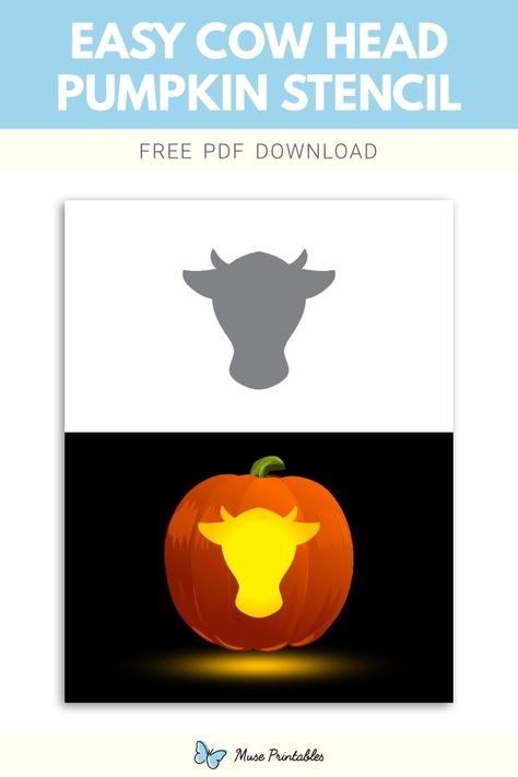 Free printable easy cow head stencil for pumpkin carving. Download it at https://museprintables.com/download/pumpkin-stencil/easy-cow-head/ Easy Pumpkin Carving Ideas Animals, Cow Carving Pumpkin, Pumpkin Carving Cow Ideas, Western Pumpkin Carving Ideas Stencil, Cow Carved Pumpkin, Cow Pumpkin Stencil, Farm Animal Pumpkin Carving, Cow Pumpkin Carving Stencil, Highland Cow Pumpkin Carving